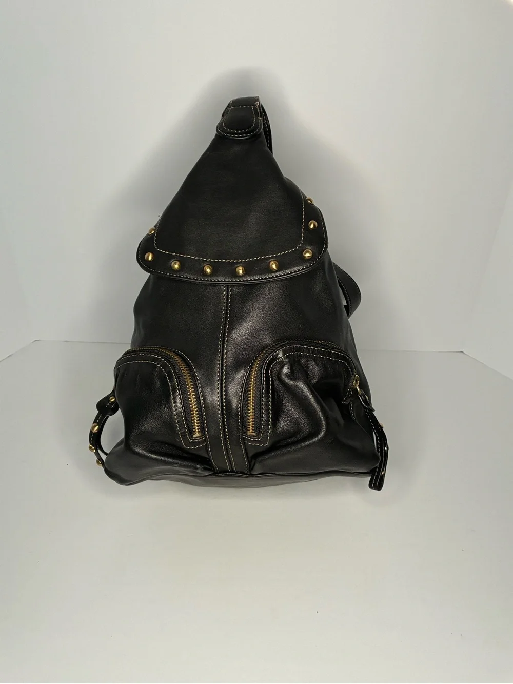Ladies Black Leather Studded Sling Backpack